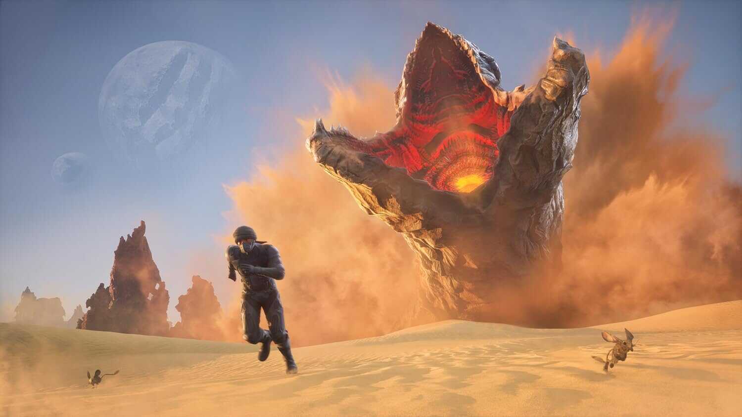 Futuristic desert scene with alien creature and a running character.