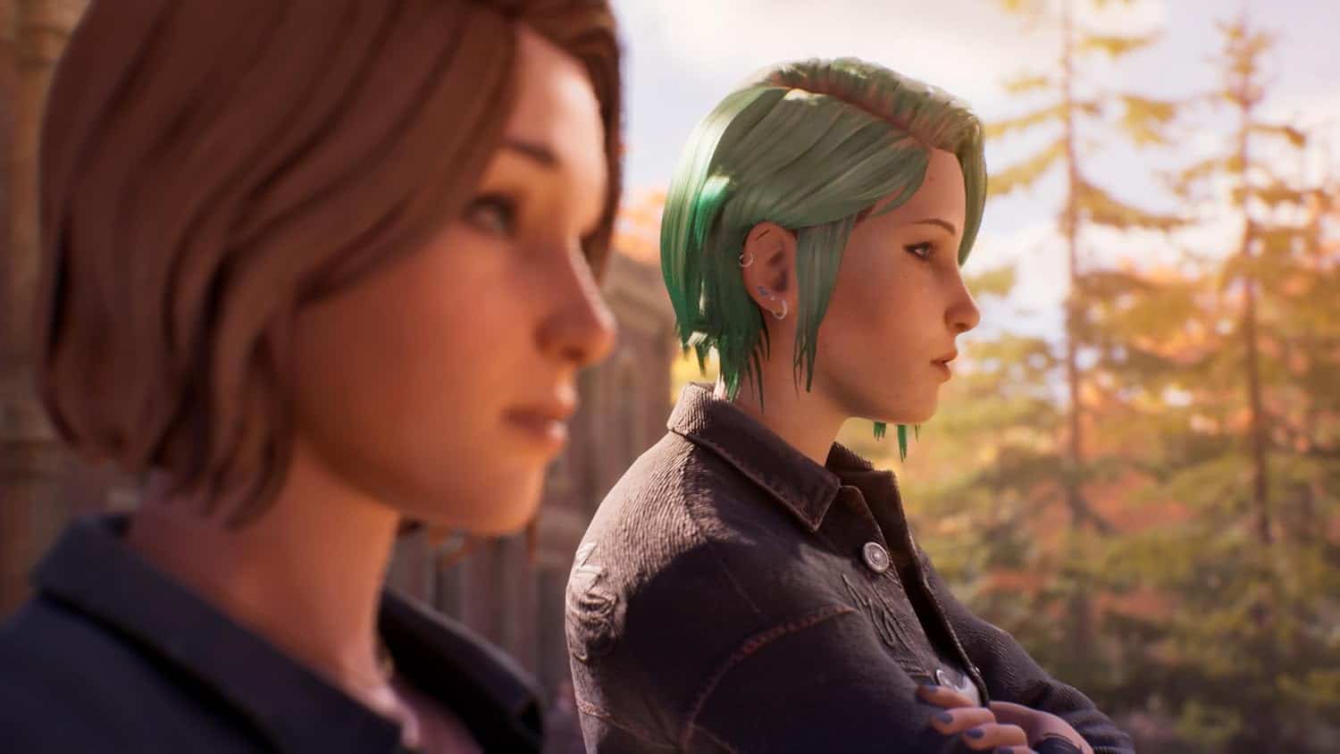 Characters from Life is Strange reunion scene in a scenic outdoor setting.