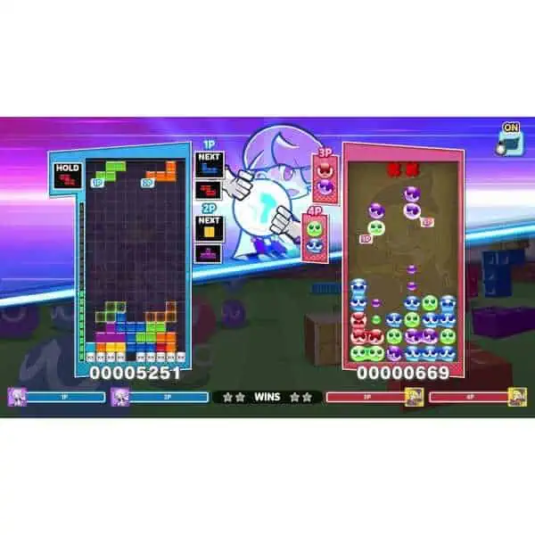 Puyo Puyo Tetris 2S gameplay with colorful puzzle blocks and characters.