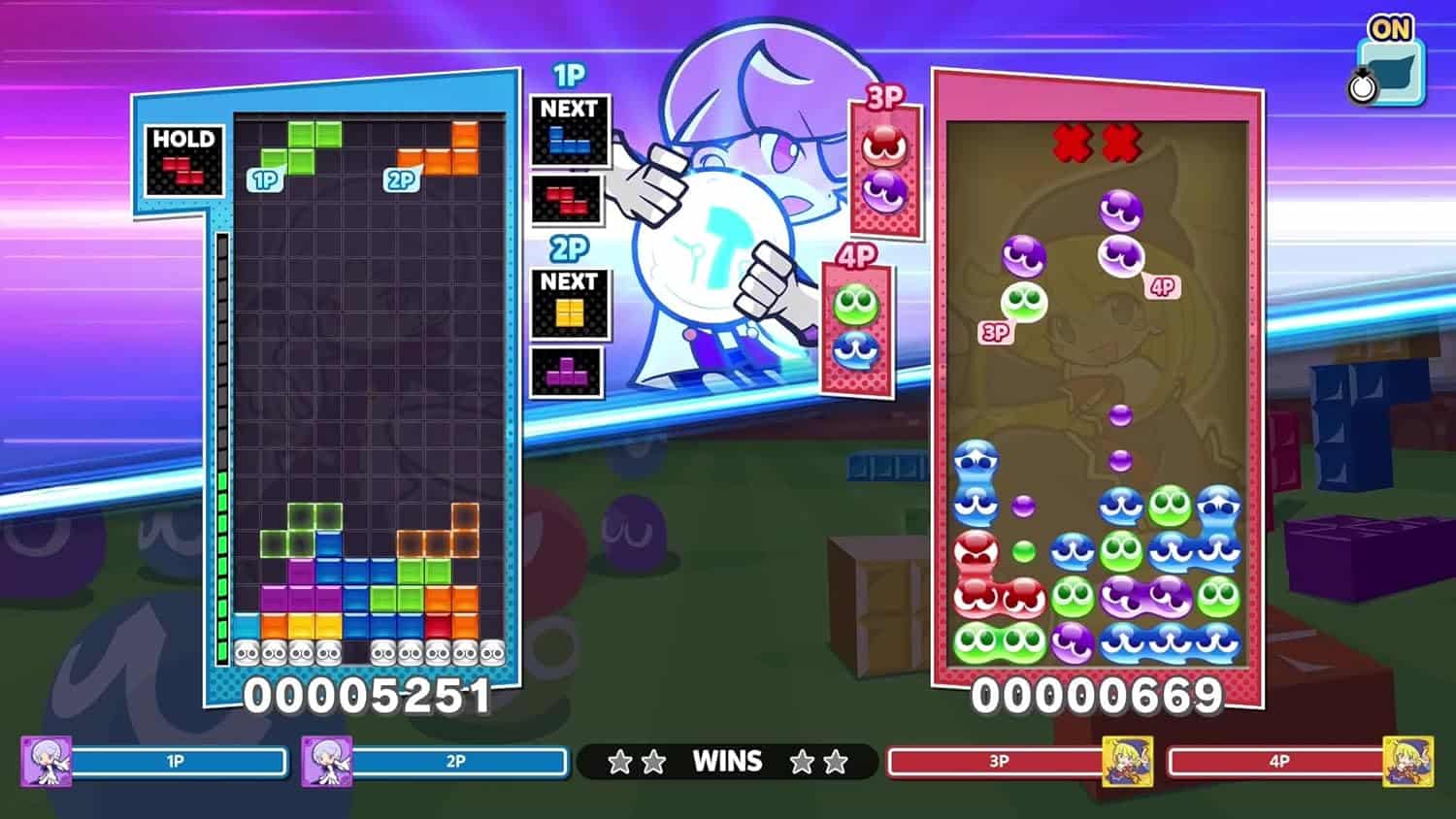 Puyo Puyo Tetris 2S gameplay with colorful puzzle blocks and characters.