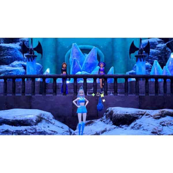 Enchanting Winx Club ice castle with magical characters on a winter set.
