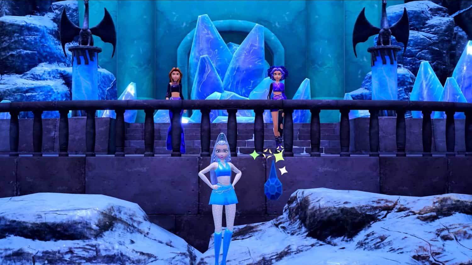 Enchanting Winx Club ice castle with magical characters on a winter set.