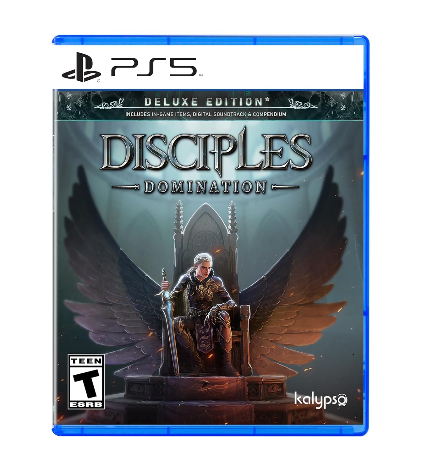 Disciples Domination game cover with dark angel wings and throne.