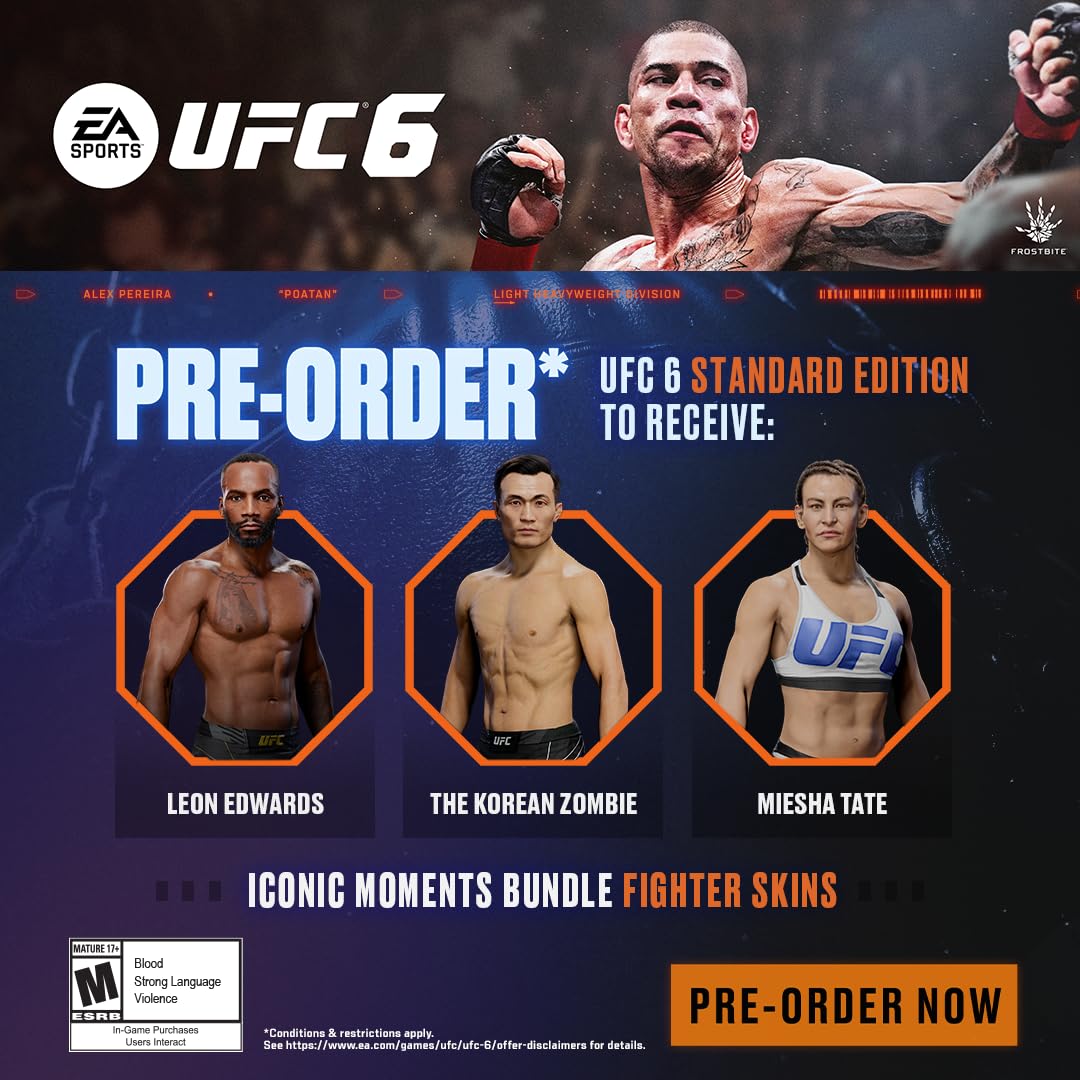 UFC 6 pre-order promotional image featuring fighters and exclusive skins for game enthusiasts.