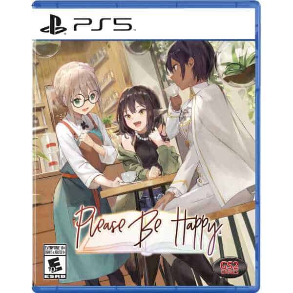 Gameware - Please Be Happy: Cozy cafe scene with three cheerful characters enjoying drinks.