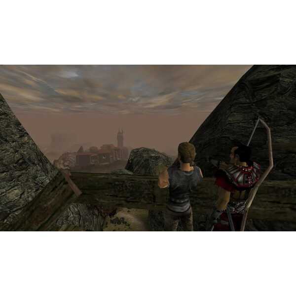 Two characters overlooking a mountain landscape in a video game environment.