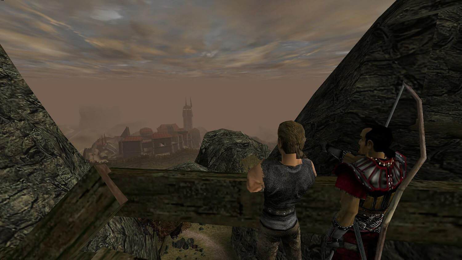 Two characters overlooking a mountain landscape in a video game environment.