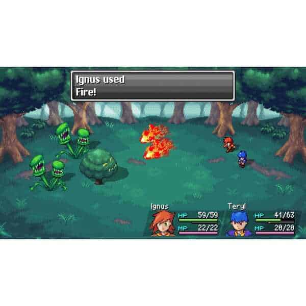 Forest battle scene from Starlight Legacy game showing characters fighting monsters.
