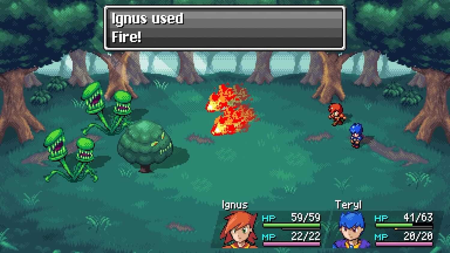 Forest battle scene from Starlight Legacy game showing characters fighting monsters.