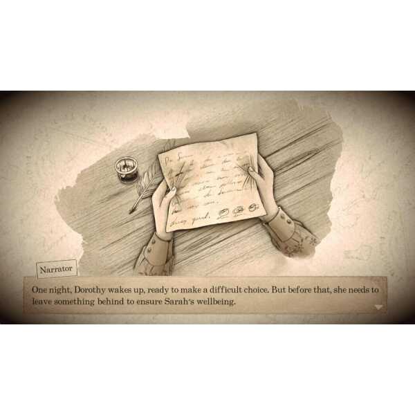 Hands holding a handwritten letter with ink and quill on wooden table.