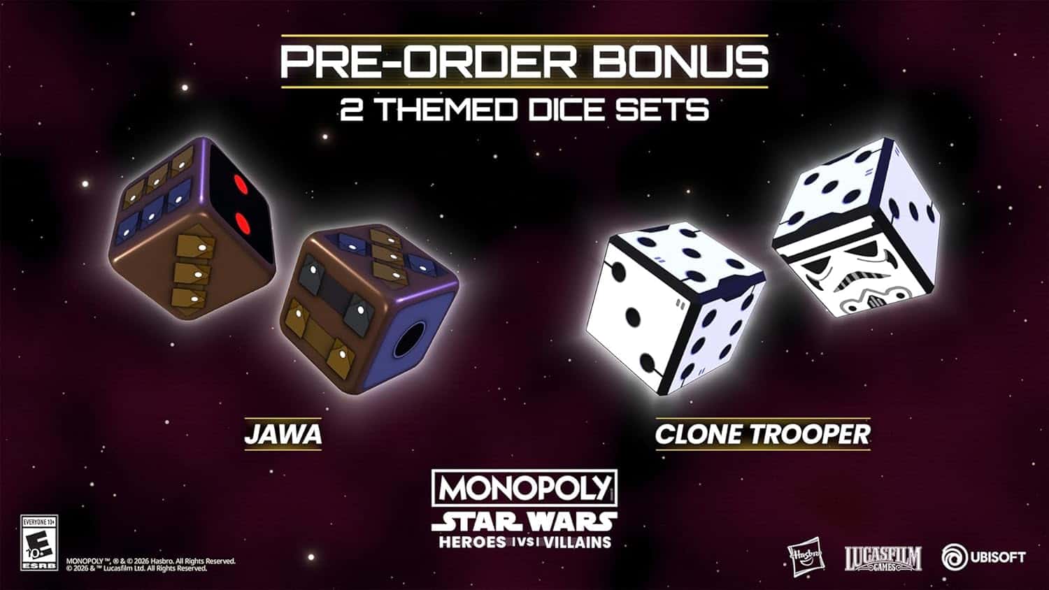 Pre-order bonus featuring JAWA and CLONE TROOPER themed dice sets.