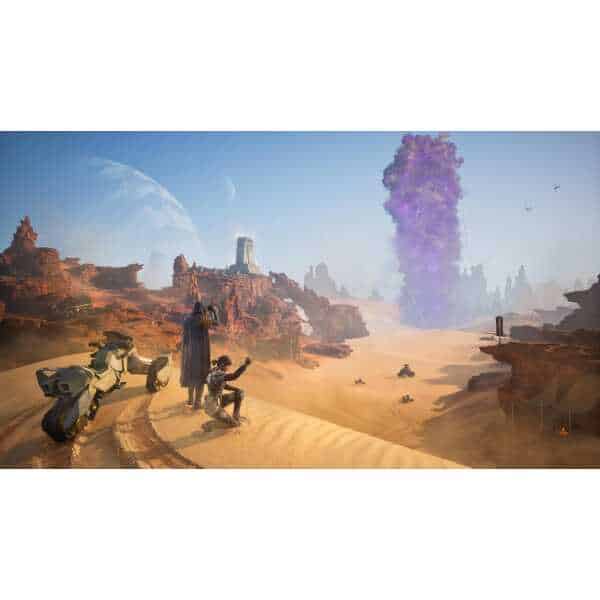Futuristic desert scene from Dune: Awakening with characters and vehicles.