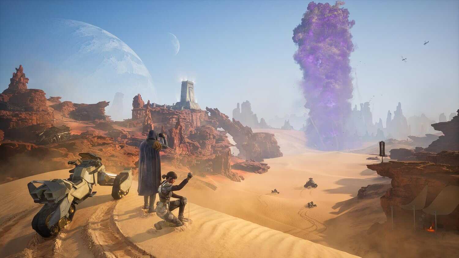 Futuristic desert scene from Dune: Awakening with characters and vehicles.