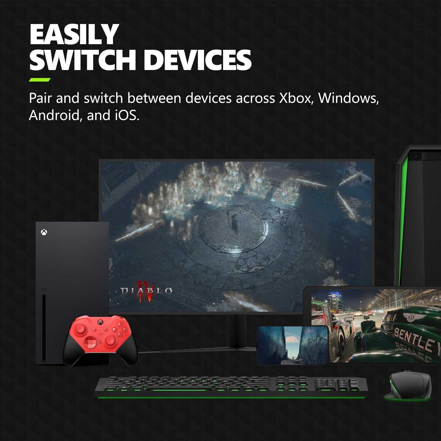 Gaming setup with Xbox Series X, controller, keyboard, and monitor.