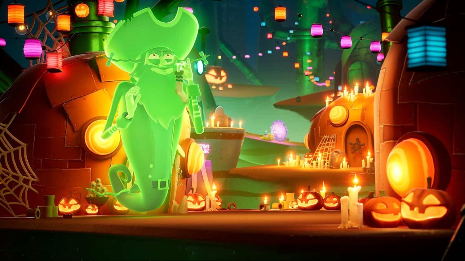 Halloween-themed game scene with ghost and pumpkins at night.