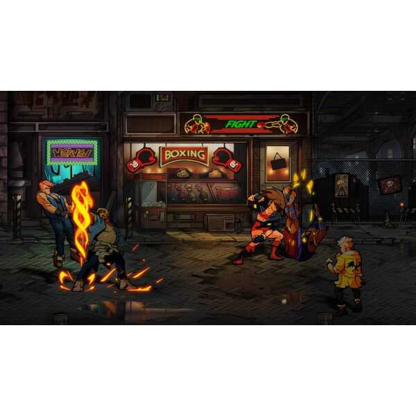 Intense fight scene from Streets of Rage 4 featuring pixel art characters.
