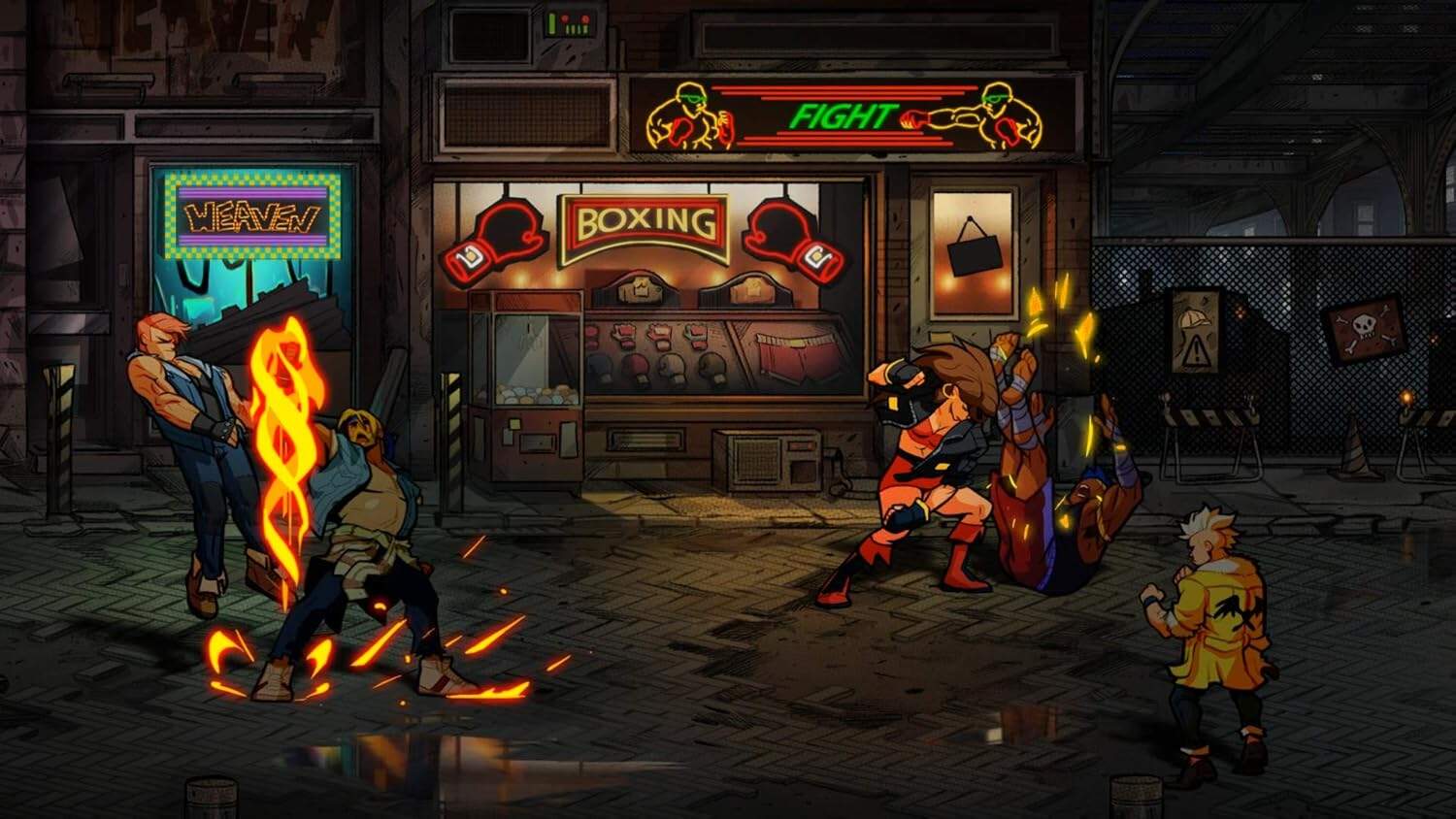 Intense fight scene from Streets of Rage 4 featuring pixel art characters.