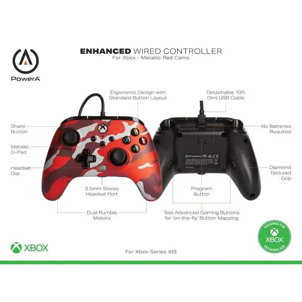 Red camo wired Xbox controller with ergonomic design and textured grip.