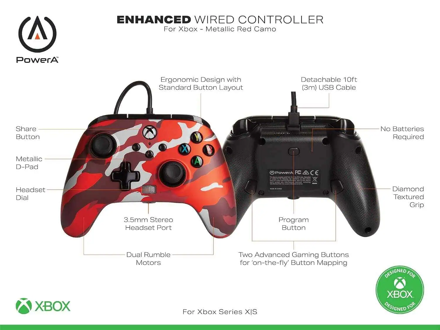 Red camo wired Xbox controller with ergonomic design and textured grip.