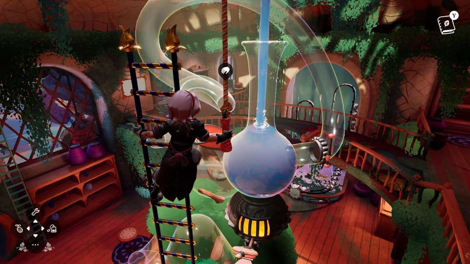 Laboratory scene featuring scientific glassware, equipment, and lush green plants in a gaming enviro.
