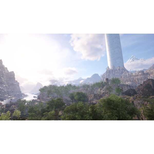 Gameware tower amidst lush green landscape and rocky mountains.