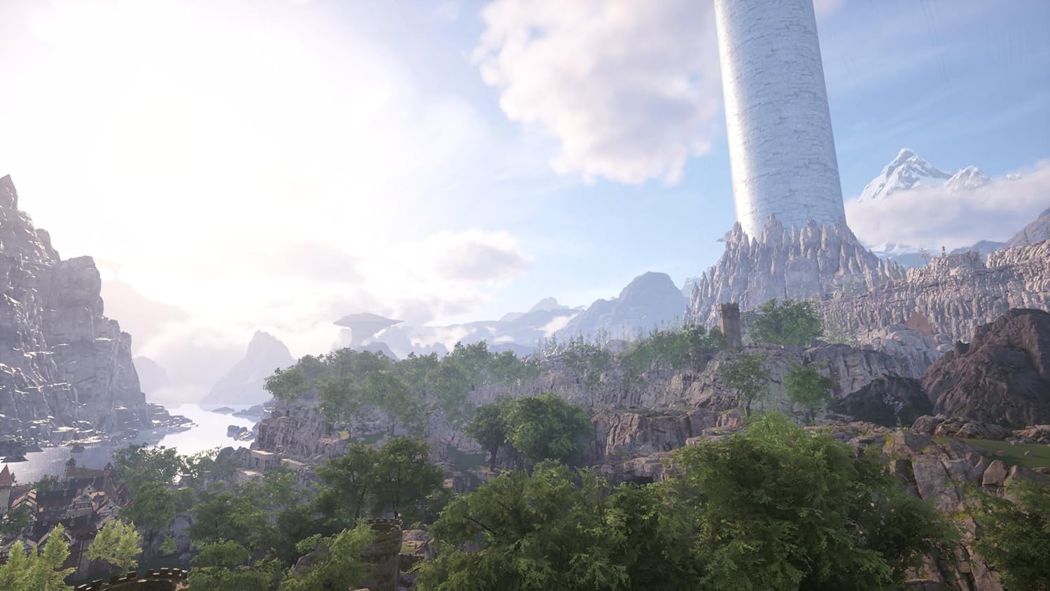 Gameware tower amidst lush green landscape and rocky mountains.