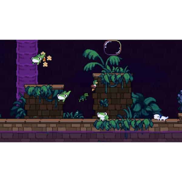 Pixel art jungle scene with flying and running creatures in a windswept environment.