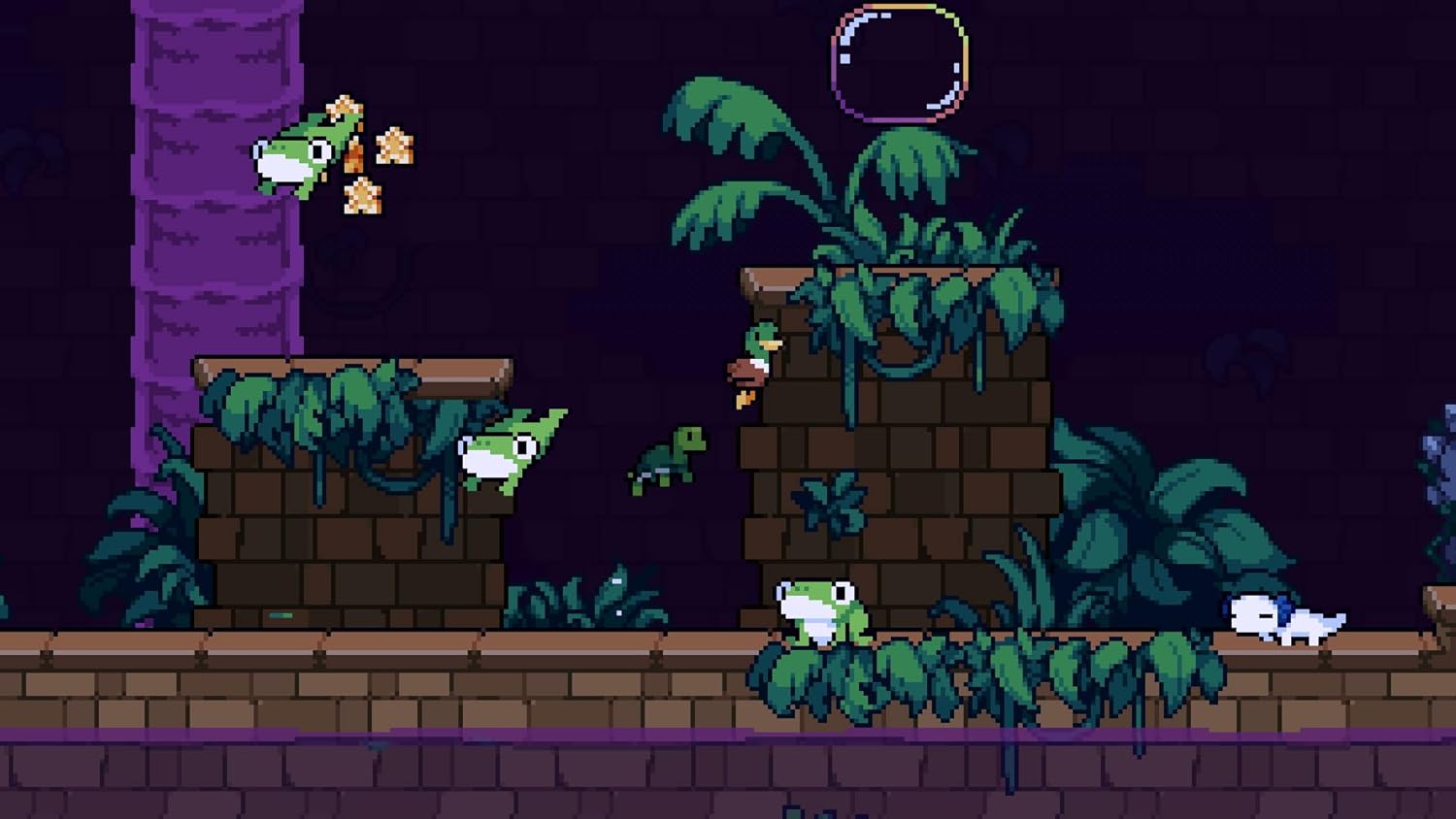 Pixel art jungle scene with flying and running creatures in a windswept environment.