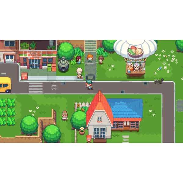 Pixel art scene from Gameware showing characters and buildings near water.