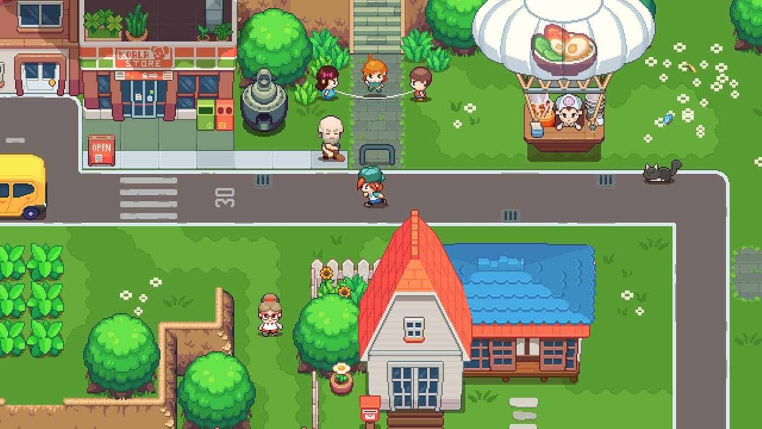 Pixel art scene from Gameware showing characters and buildings near water.