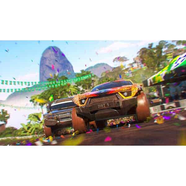 High-speed racing cars in vibrant tropical setting from Gameware's Dirt 5 game.