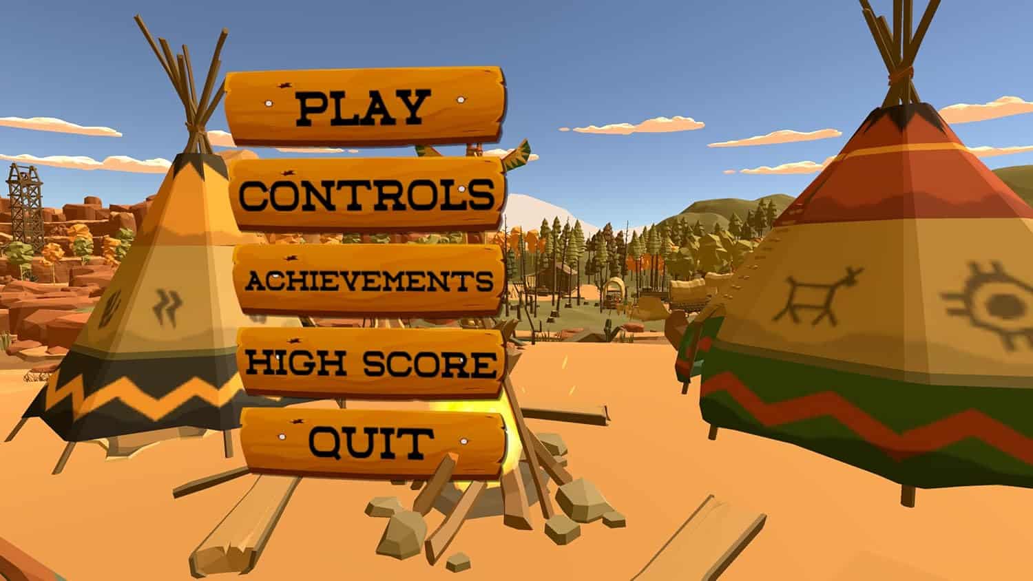 Main menu screen of Wild West Shooter Bundle game with options like Play, Controls, Achievements.