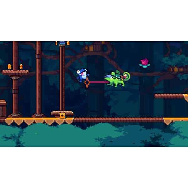 Pixel art scene of a flying character and a crocodile in a forest setting.