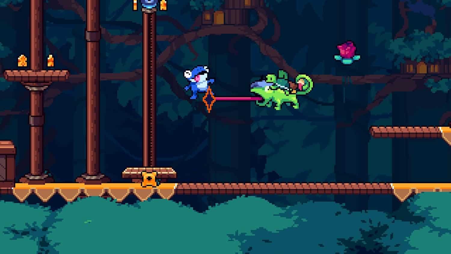 Pixel art scene of a flying character and a crocodile in a forest setting.