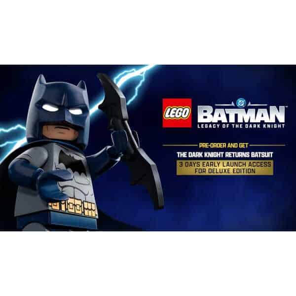 LEGO Batman minifigure with lightning background for Dark Knight game.