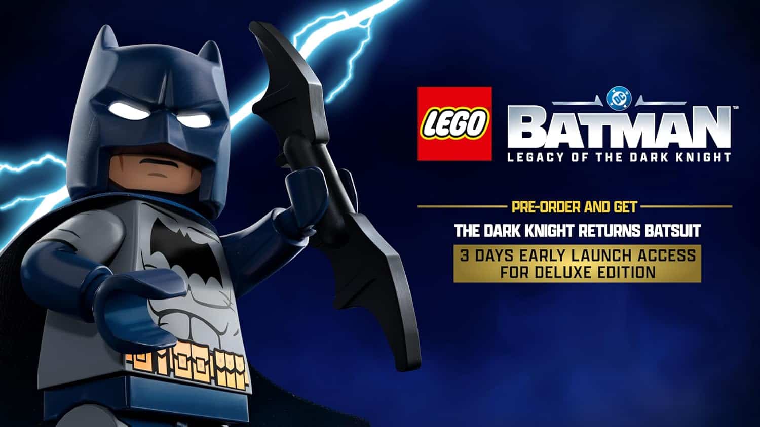 LEGO Batman minifigure with lightning background for Dark Knight game.