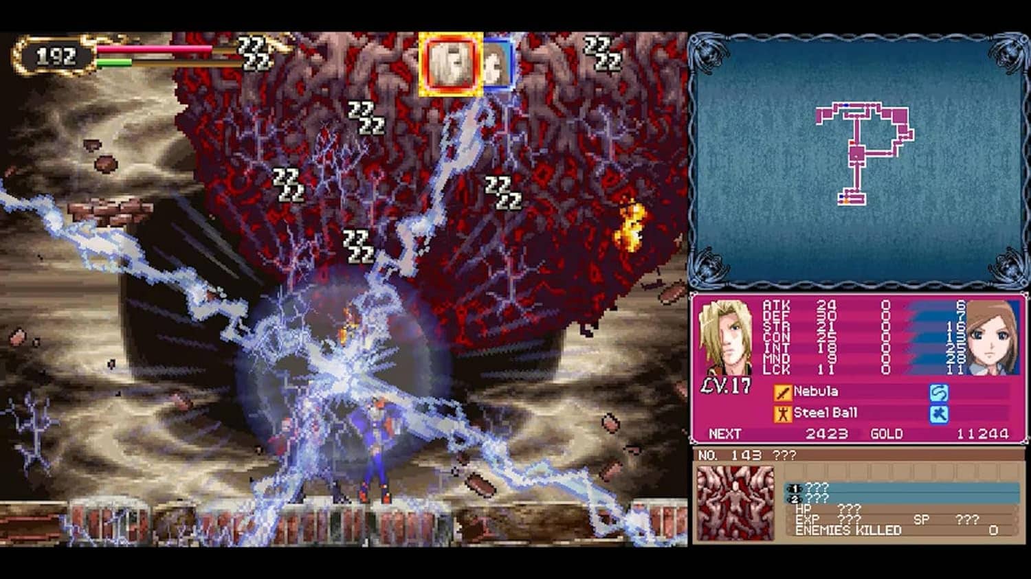 Epic battle scene featuring lightning and explosions in a retro-style video game environment.