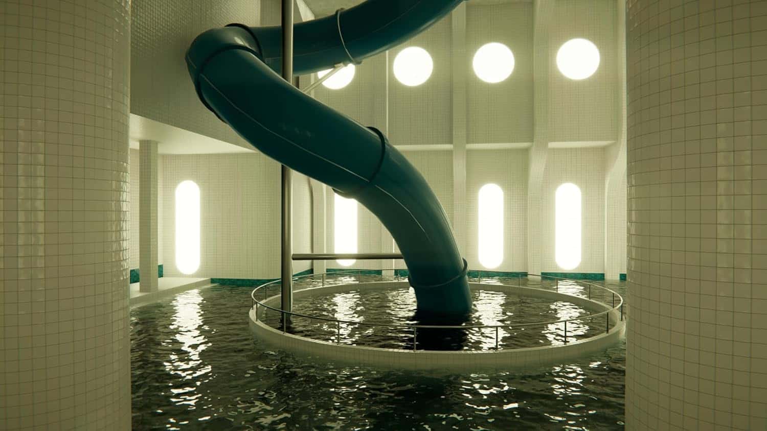 Water slide in an indoor aquatic center.