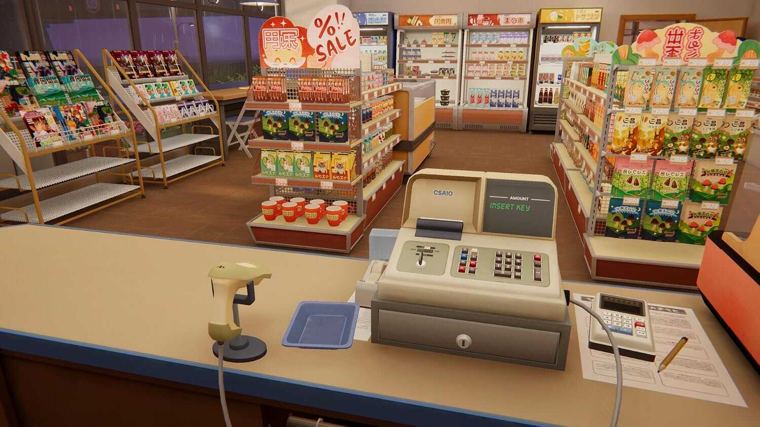 Inside a Gameware store showing shelves with snacks and beverages.