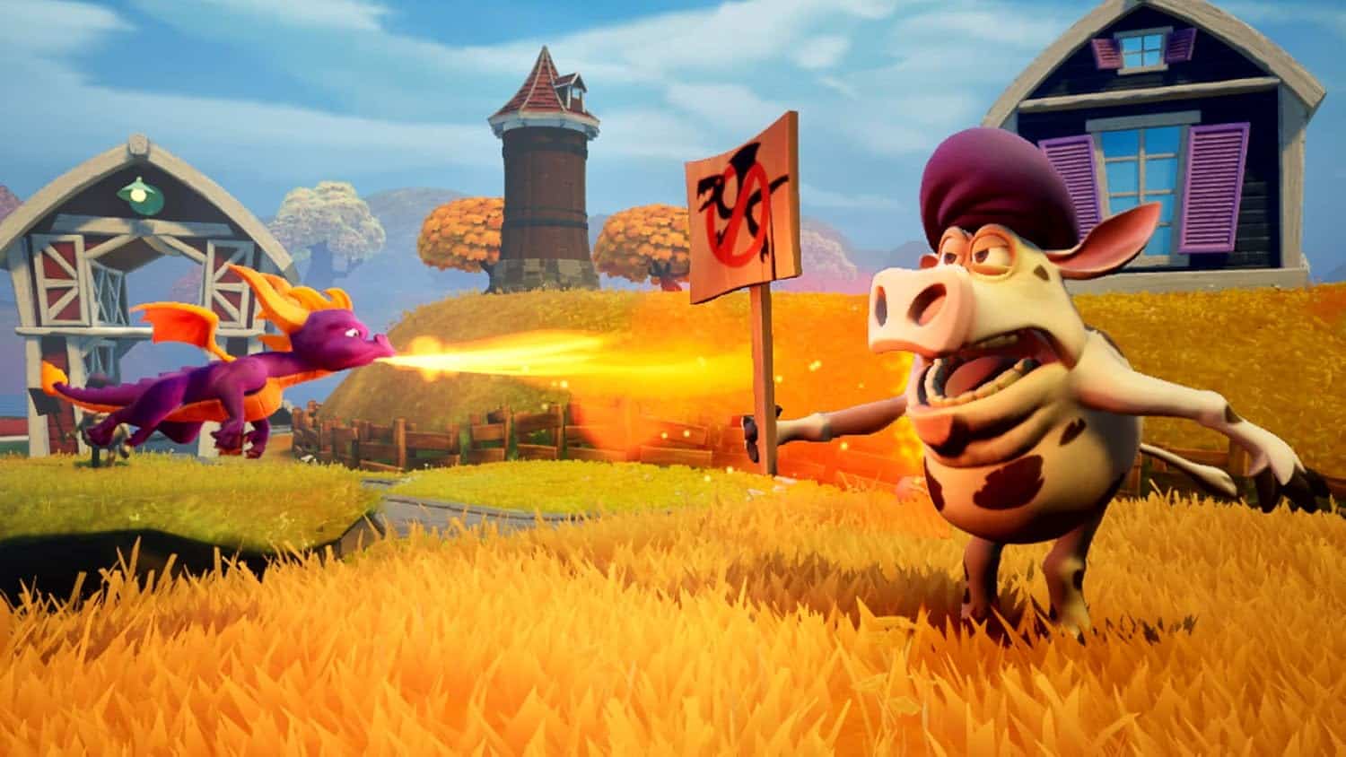 Spyro the dragon and a cow in a colorful farm setting from Spyro Reignited Trilogy.