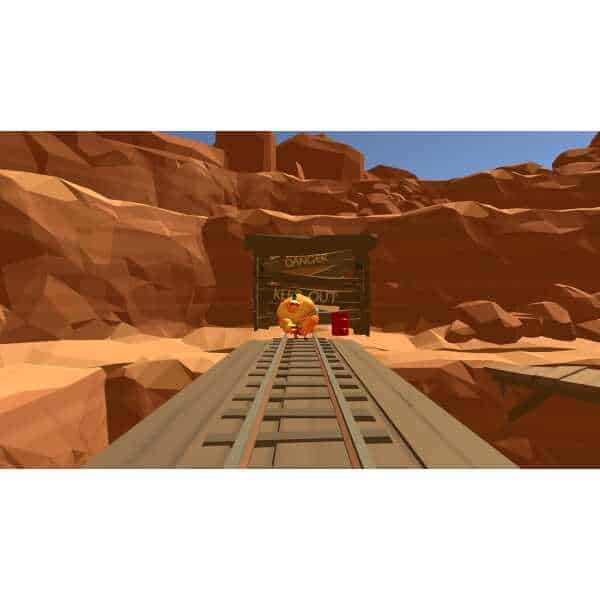 Wild West Shooter game scene with train tracks and desert landscape.