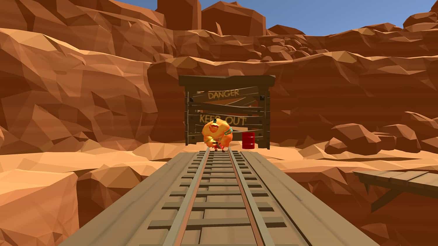 Wild West Shooter game scene with train tracks and desert landscape.