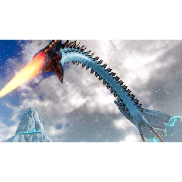 Epic dragon breathing fire in a snowy mountain landscape.