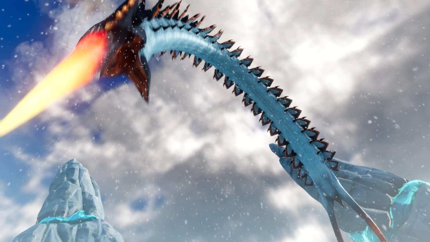 Epic dragon breathing fire in a snowy mountain landscape.