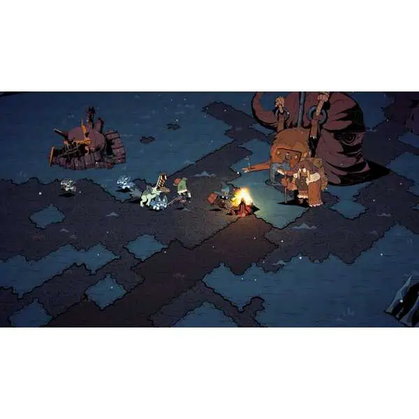Fantasy battle scene with characters around campfire on dark game tiles.