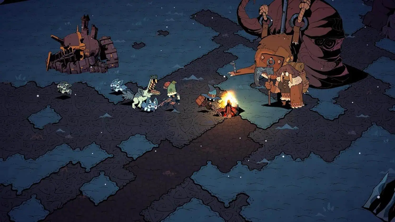Fantasy battle scene with characters around campfire on dark game tiles.