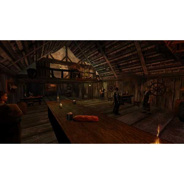 Interior of a medieval inn from Gothic 2 Classic game with NPCs and wooden decor.