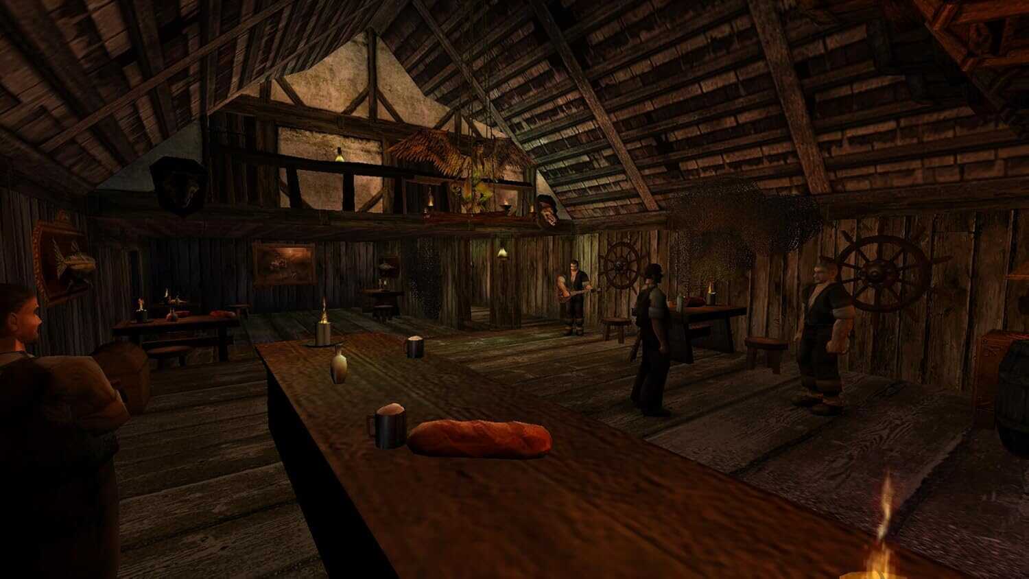 Interior of a medieval inn from Gothic 2 Classic game with NPCs and wooden decor.