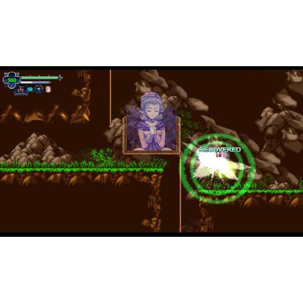 Action-packed platformer game scene with character recovering health in a cave setting.