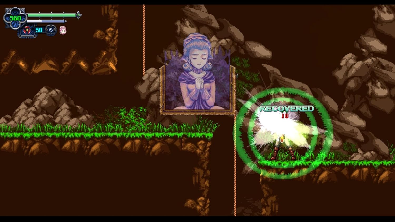 Action-packed platformer game scene with character recovering health in a cave setting.